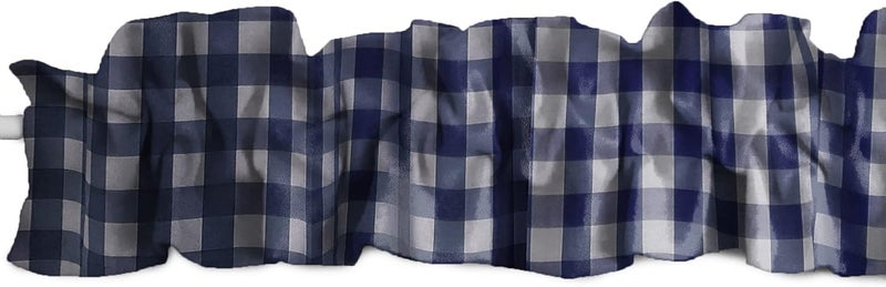 Cotton Gingham Checkered Print Sleeve Topper Window Valance Top Bottom Ruffle Home Décor Bedroom Nursery Kitchen Window (144" Wide x 9" Tall, Navy)
